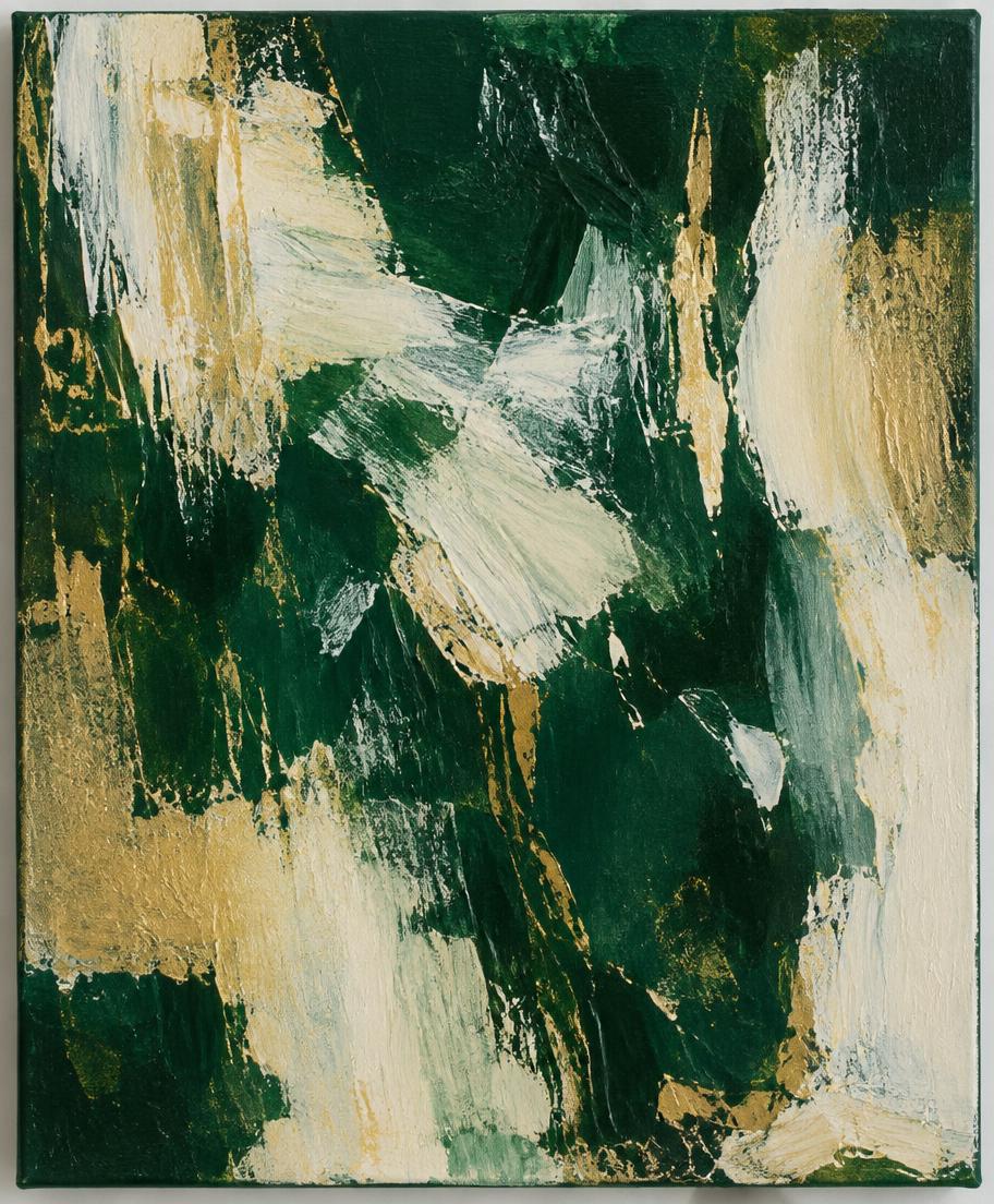 Abstract painting in deep green, ivory and gold brushstrokes