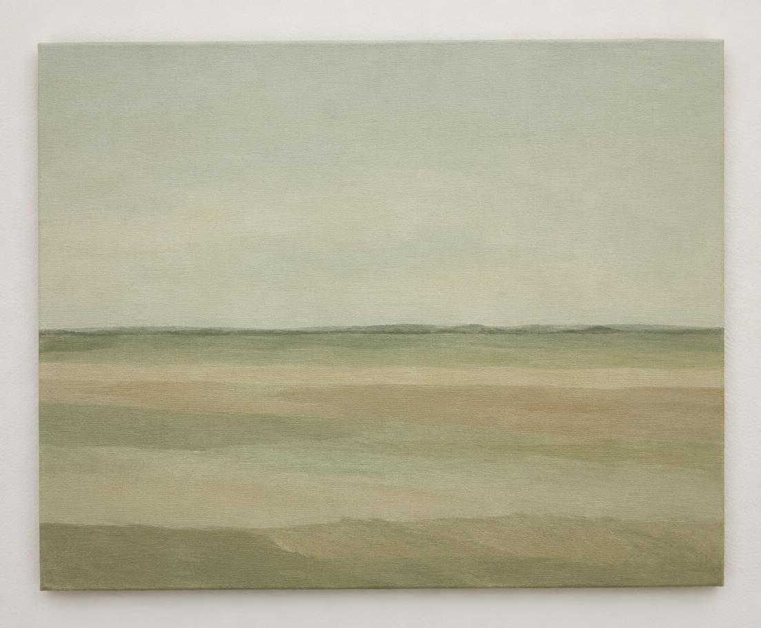 Minimal horizon landscape painting in muted sage and sand tones