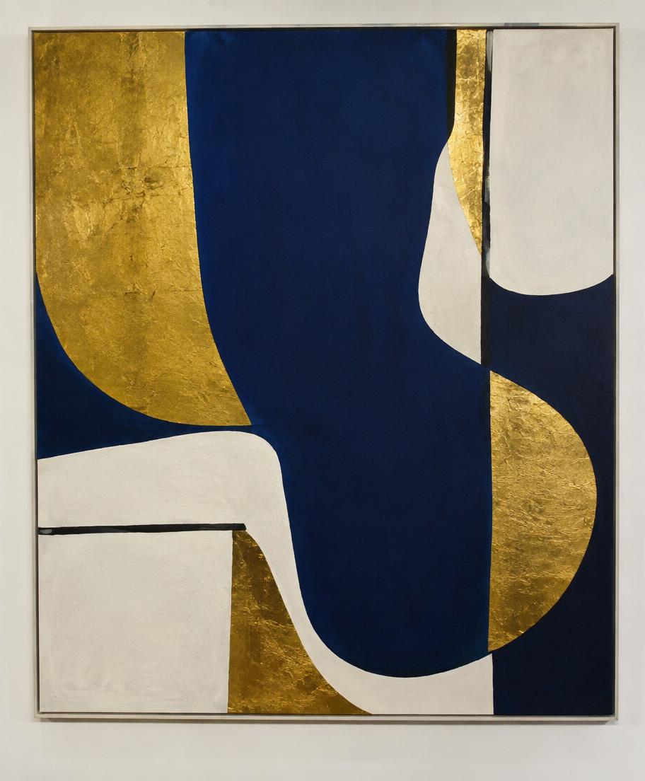 Modern abstract painting with indigo, ivory and gold leaf shapes