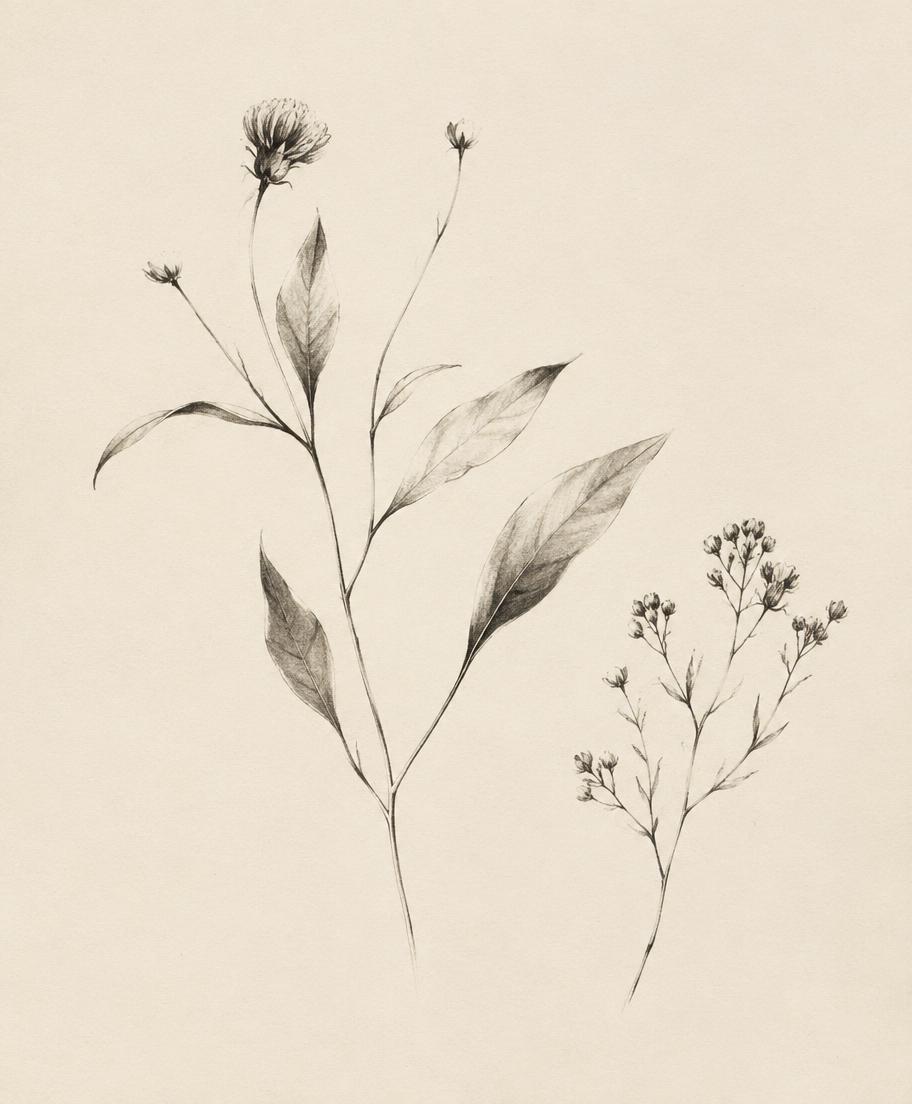Delicate graphite botanical drawing on warm ivory paper